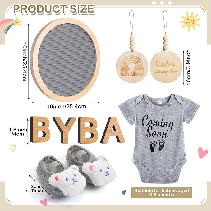 8 Pcs Pregnancy Announcement Set Pregnancy Reveal Ideas Include Felt Letter Round Board Kit Baby Bodysuit Booties Wood Blocks Wooden Signs for Coming Soon Baby Announcement(Gray)
