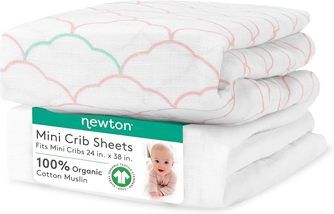 Newton Baby Fitted Mini Crib Sheets (2-Pack) | Organic Muslin Cotton, Breathable & Soft Baby Sheets, Washable Baby Mattress Sheets, Fits Mini Crib Mattresses 24" x 38", Dreamweaver Coral & Plain White