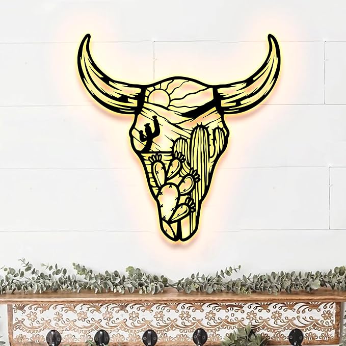Skull Desert Metal Wall Art LED Light Floral Boho Buffalo Longhorn Sign Home Decor Heifer Barn Nursery Decorat Wall Hanging Home Decor Birthday Xmas Gift