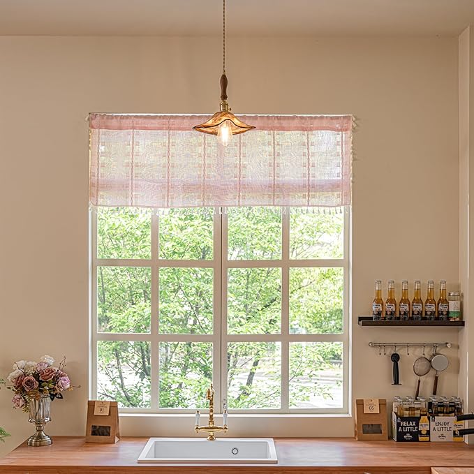 Deeprove Boho Valance Kitchen Short Curtain Tassel, Textured Striped Drape Light Filtering Tier Embroidered Chic Window Treatment for Cafe Dinging Room Closet, W52 x L18 inch SINGLE 1 Panel Blush Pink