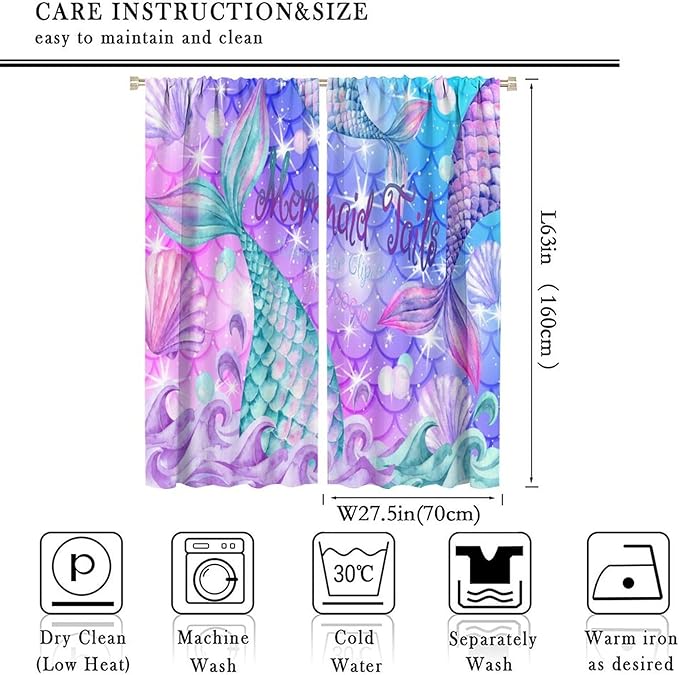 Dream Mermaid Curtain Colorful Mermaid Shell Ocean Theme Fantasy Blackout Curtains for Kids Boys Girls Bedroom Nursery Room Decor Rod Pocket Window Drapes 55x63in
