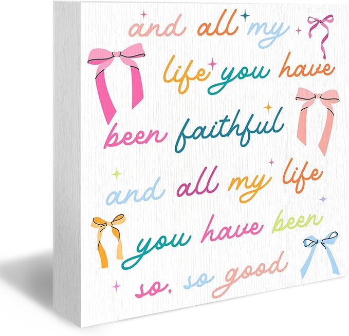 Christian Coquette Bow Wood Box Sign - Inspirational Desk Shelf Decor, Bible Verse Decor, All My Life You Have Been Faithful Christian Wooden Block Plaque Box Sign for room Table Decorations