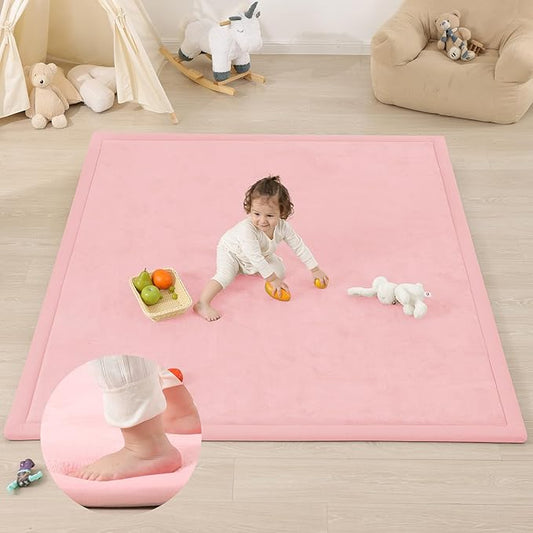1.3" Thick Foam Baby Play Mat Extra Large 79x158, Basic Padded Plush Tummy Time Crawling Mat, Non-Slip Support Area Rug for Playroom Nursey Living Room (Pink)