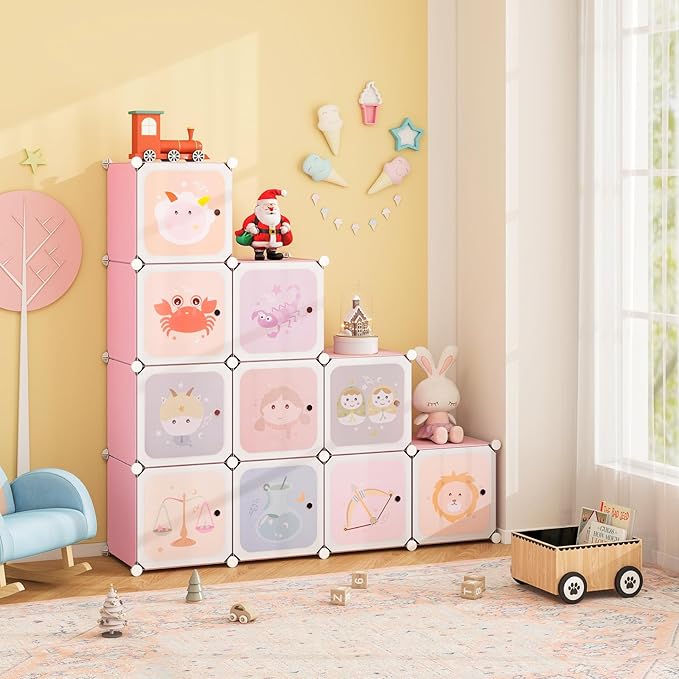Costzon Kids Closet, Cartoon DIY Modular Dresser Storage Organizer with 12 Cubes & 2 Clothes Hanging Rack, Portable Armoire for Baby Toddlers, Kids Wardrobe for Bedroom Nursery