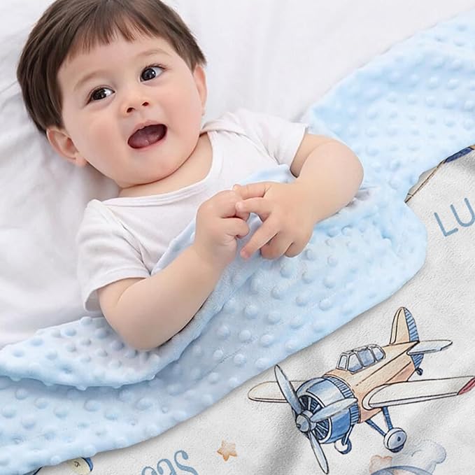 Personalized Baby Blankets for Boys Girls, Custom Name Baby Blanket with Toy Airplane Design, Soft Receiving Blanket for Newborns and Toddlers, Ideal for Baby Showers and Nursery Decor
