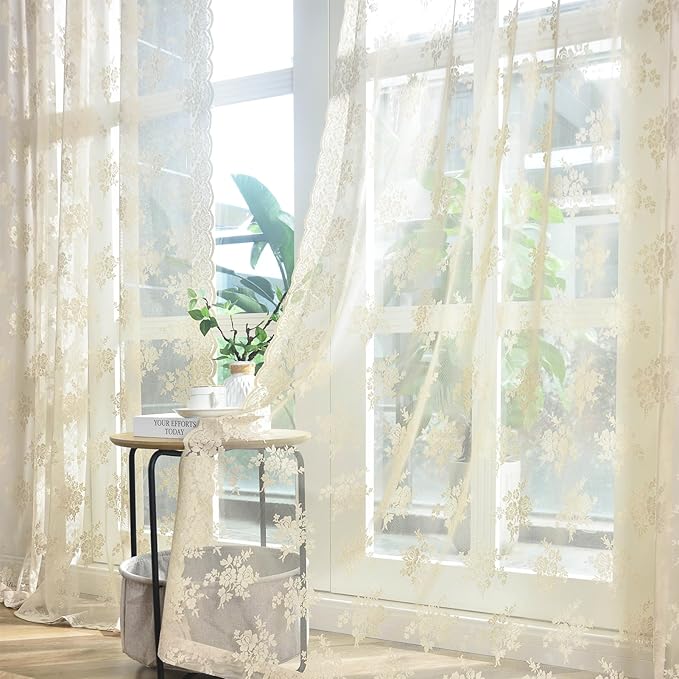 Kotile Short Lace Curtains 30 Inch Length 2 Panels Rustic Floral Retro Beige Kitchen Lace Curtains for Small Window, Rod Pocket Privacy Sheer Cafe Curtain Over Sink Cabinet, 42 x 30 Inch