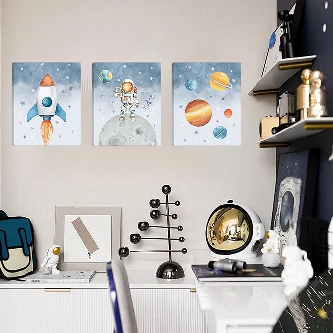 KAlRNE Outer Space Nursery Canvas,Astronaut Wall Art,Planet Wall Decor,Rocket Art Prints,Set of 3(12X16 Inch,Framed) Explore Dream Galaxy Painting for Boys Space Nursery Bedroom Playroom Decor