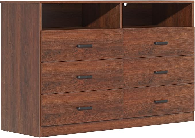 Bigbiglife 6 Drawers Dresser for Bedroom Wooden Drawer with Open Storage Cubby, Double Wide Dresser Organizer for Bedroom, Living Room, Entryway, Hallway (Walnut Brown)