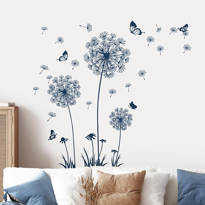 2 Sheets Dandelion Wildflower Wall Decals Art, Calcomanías para Pared Peel and Stick Floral Butterflies Flying Decor for Girls Kids Women Baby Nursery Bedroom Bathroom Sofa Backdrop TV Wall (Blue)