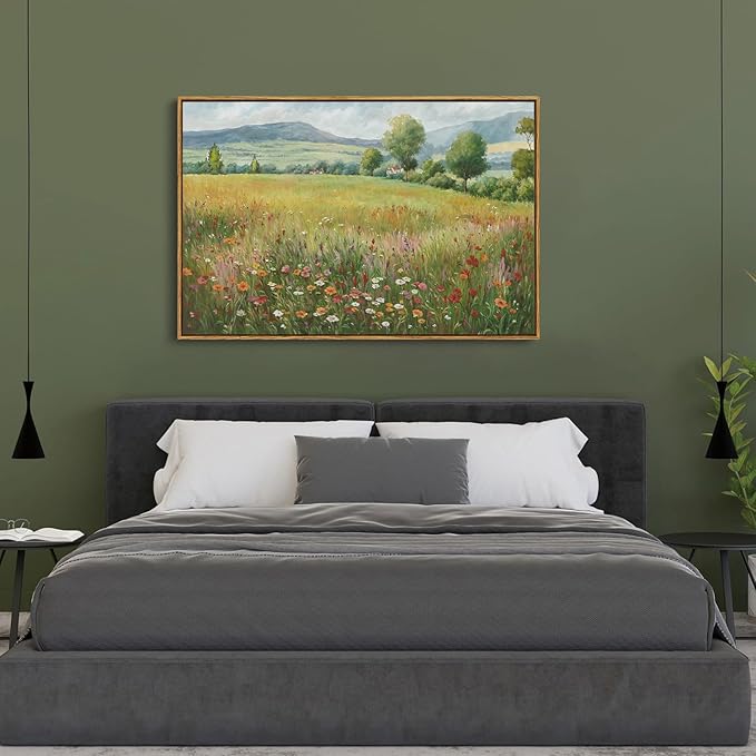 OIQArtOIQ Vintage Landscape Framed Wall Art Spring Countryside Colorful Wildflower Field Canvas Art Prints Farmhouse Cottagecore Pictures Wall Decor Rustic Meadow Paintings Artwork For Kitchen Bedroom