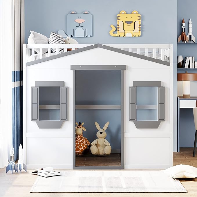 Full Size Loft Bed with Safety Guardrail for Kids Boys Girls, Playhouse Design Solid Wood Loft Bed Frame with Ladder and Windows, Strong Wood Slats Support, Space-Saving (White+Gray)