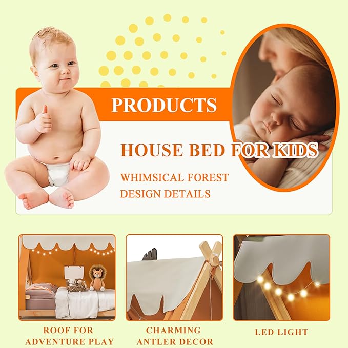 Full Size House Bed for Kids with Light and Tent, Montessori Floor Bed Full for Kids Girls Boys Teens Bedroom, Brown