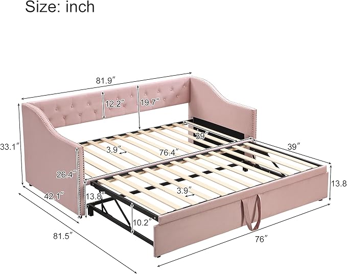 Merax Twin Size Upholstered Velvet Daybed with Pop Up Trundle, Multi-Functional Sofa Bed with Backrest and Two Armrest for Kids Room, Guest Room, Living Room, Pink