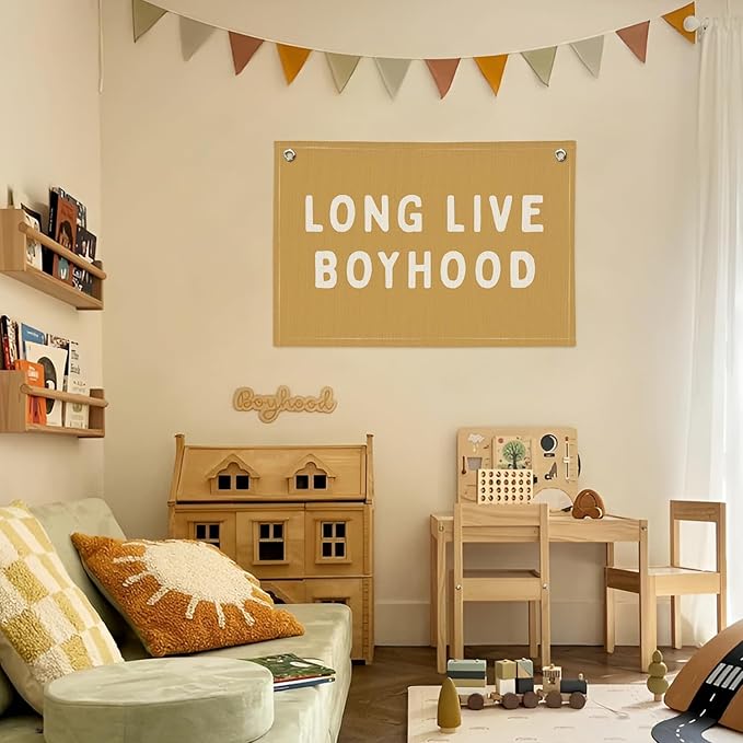 Long Live Boyhood Banner, Boy Nursery Decor, Canvas Banner Wall Hanging Banner Flag Decor for Nursery Playroom Toddler Room, Boys Kids Room Decor (Yellow)