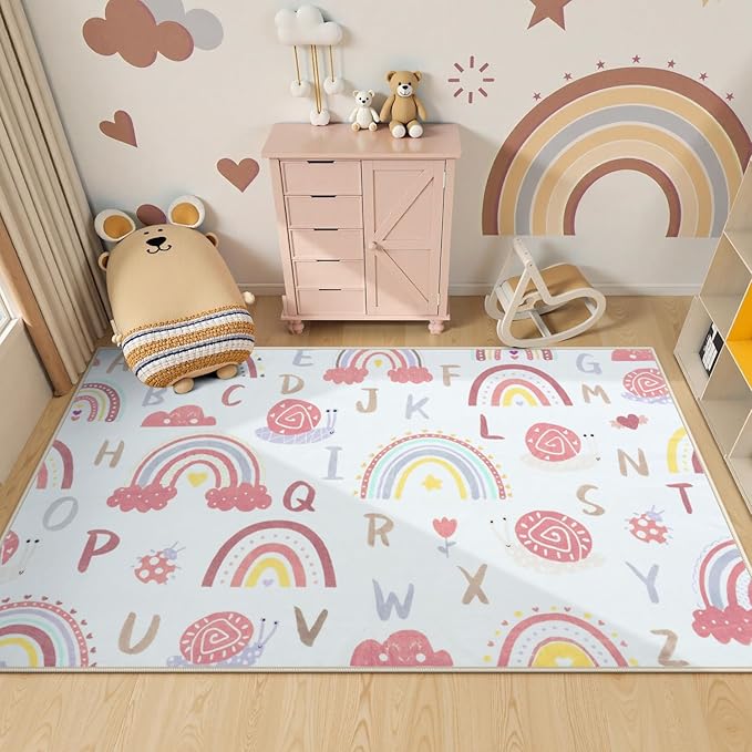 LIVEBOX Rainbow Kids Rug-5x7 Playroom Nursery ABC Educational Carpet,Washable Non Slip Soft Low Pile Area Rug for Bedroom,Preschool Classroom(Pink)