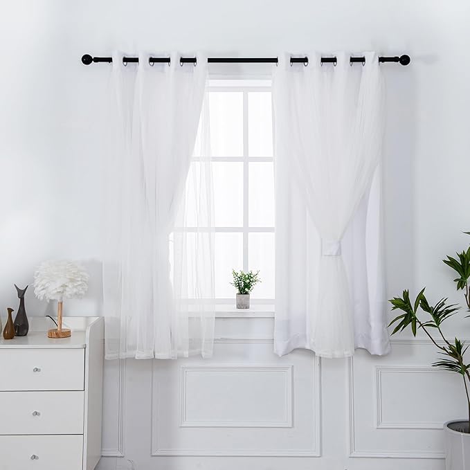 INLINAS Greyish White Blackout Curtains with Sheer Overlay - Grommet Top Thermal and Noise Reduction Panels for Bedroom and Living Room Light Blocking and Energy Saving, 52 x 96 Inches, Set of 2