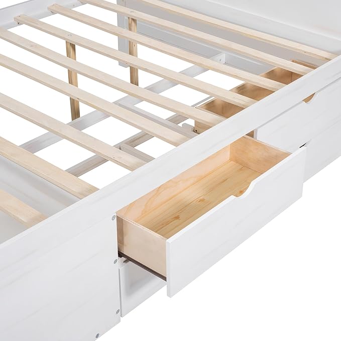 Full Size Daybed with 4 Storage Drawers and Shelves, Wooden Full Platform Bed Frame with L-Shaped Headboard and Slats Support, Corner Bed Full Captain Beds for Kids Boys Girls Teens, White