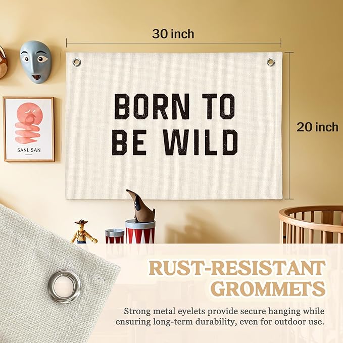 Born To Be Wild Linen Canvas Banner, Boys Kids Room Wall Hanging Banner Flag Decor for Playroom Bedroom Nursery, 30x20 Inch
