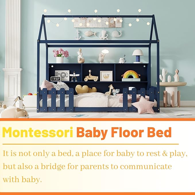 Twin Size Montessori Bed for Kids, Montessori Floor Bed with LED Light and Storage Bookshelf, Kids Beds with Guardrails for Boys & Girls, Navy Blue