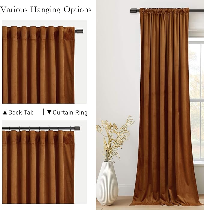 StangH Burnt Orange Velvet Curtains - Back Tab Blackout Thermal Insulated Window Drapes for Bedroom/Living Room, Holiday Home Decoration Backdrops for Kids, W52 x L84, 2 Panels