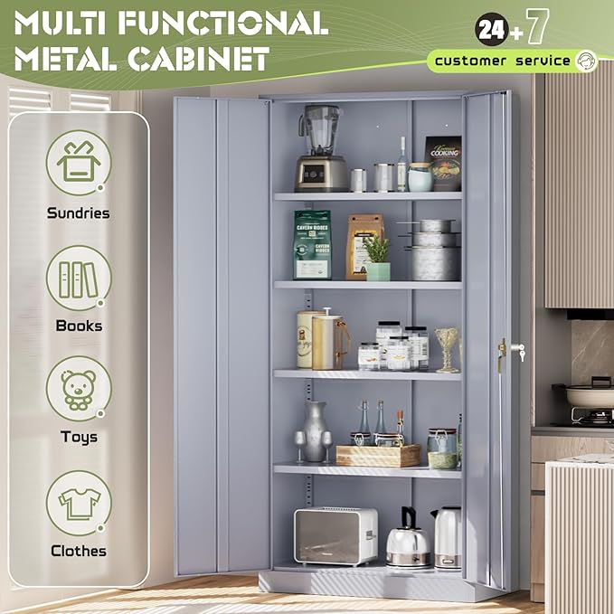Crownland 72" Metal Storage Cabinet, Lockable Garage Storage Cabinets, High Office Cabinet with Adjustable Shelves for Garage, Home Office, Pantry, File(Cement Grey)
