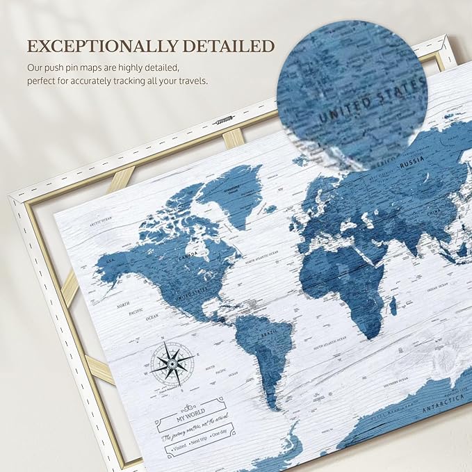 ElephantStock - My World Push Pin Map IV Wall Art - Horizontal Canvas Wall Art - Living Room Wall Decor - Unique Map Canvas Art - Blue And Decor - 48" x 32"