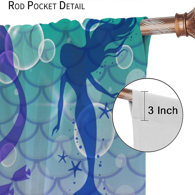 Mermaid Kids Girls Curtains Fantasy Mermaid Silhouette Ocean Theme Beautiful Blackout Window Treatment for Girls Bedroom Nursery Room Decor Rod Pocket Window Drapes 42" W X 54" L