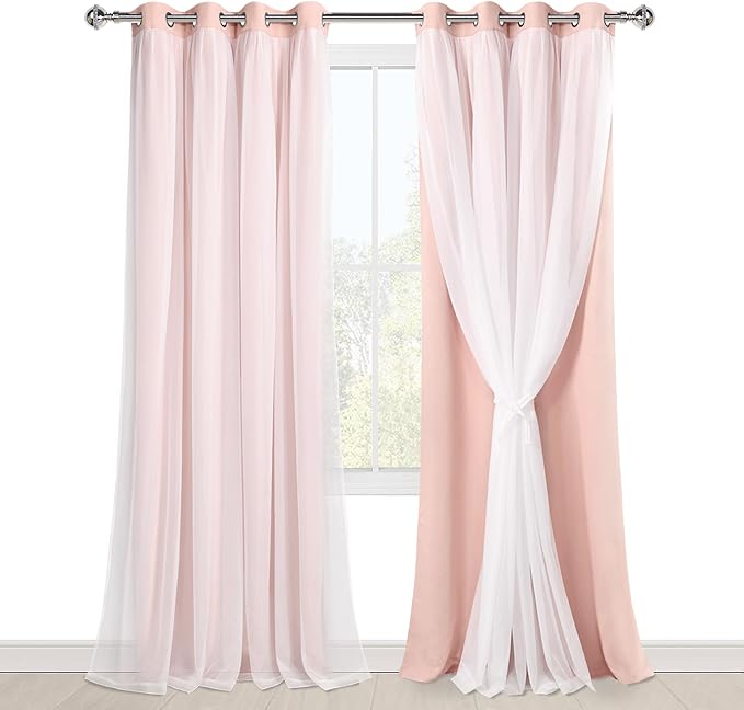 Hiasan Blackout Curtains with Sheer Overlay, Thermal Insulated Mix & Match Double Layer Room Darkening Window Curtains for Bedroom,Living Room,Nursery 2 Panels with Tiebacks(52W X 108L,Blush Pink)