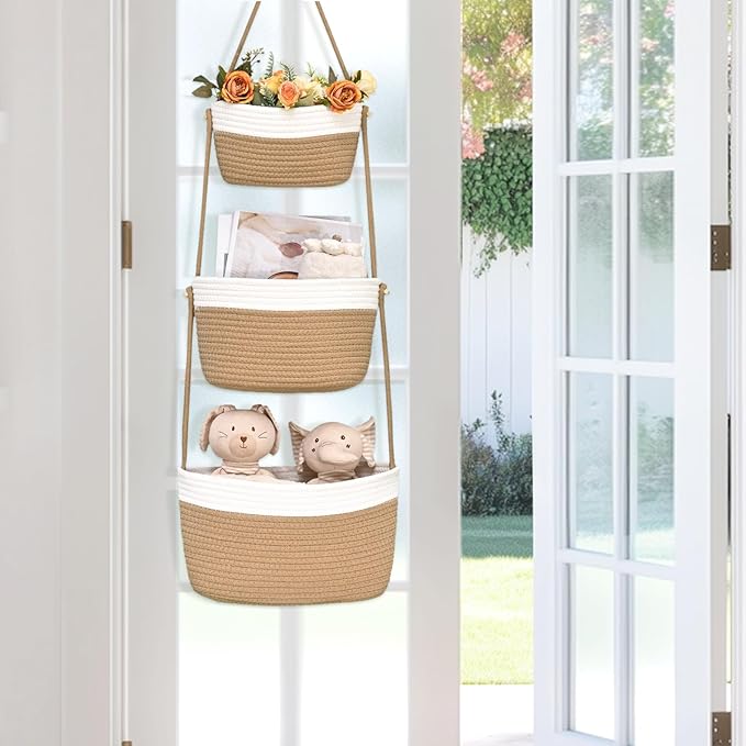 Hanging Storage Baskets, 3-Tier Over the Door Basket, Cotton Wall Baskets Storage, Detachable Hanging Door Basket with 4 Hooks, Over the Door Organizer Nursery for Bedroom, Living Room, Bathroom Wall