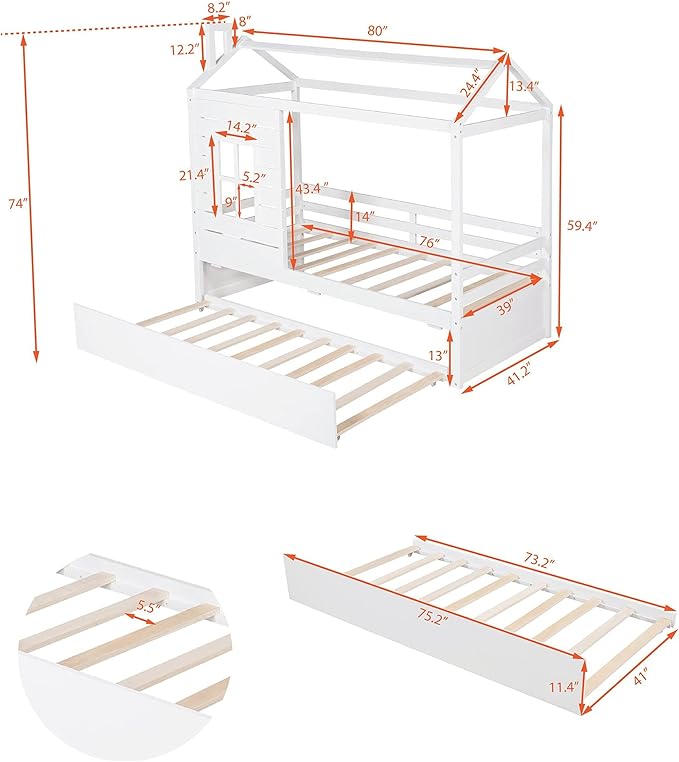 Merax House Bed with Trundle, Window and Roof, Twin Size Wood Bunk Bed Daybed Can be Decorated for Girls, Boys (White)