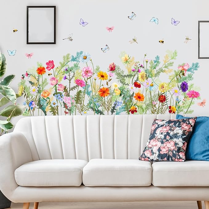 Colorful Flower Wall Decals Butterfly Wildflower Wall Stickers Floral Decor for Girls Bedroom Living Room Bedroom Wall Decor