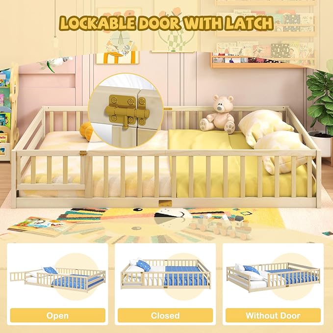 Giantex Queen Floor Bed with Door & Fence, Kids Wood Montessori Beds with Safety Guardrails, Floor Bed Twin for Kids, Boys, Girls, No Box Spring Needed, Natural