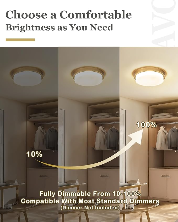 Gold Flush Mount Ceiling Light, 16inch Close to Ceiling Light Fixtures 36W 3300lm Dimmable 3000K/3500K/4000K/5000K/6000K Brass LED Ceiling Lamp for Bedroom Hallway Kitchen, AD-22008-L16-GD