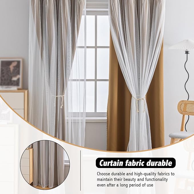 Anytime Home Curtains Blackout and Sheer Layered Solid Window Curtain Panel Pair with Grommet Top, 52Wx72L,Coffee