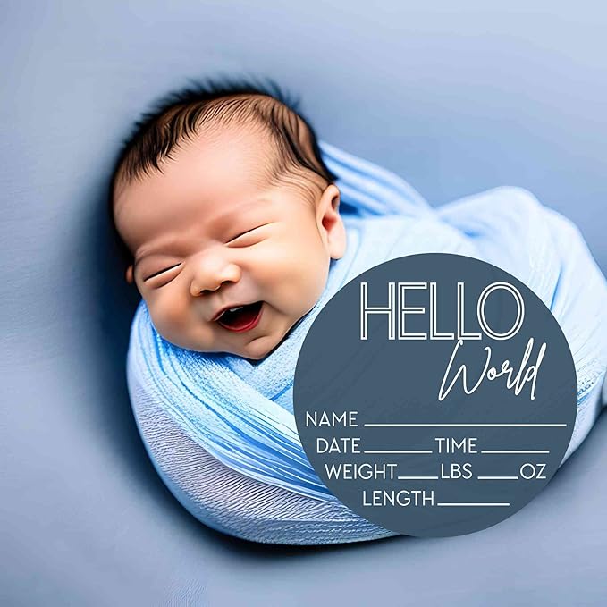 Hello World Newborn Sign - Baby Name Birth Announcement Plaque for Hospital - Photo Prop - Blue Nursery Decor - Shower Gift