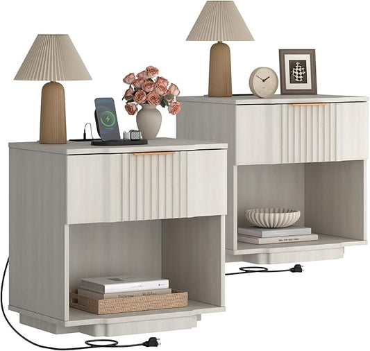 Yechen Fluted Night Stand Set 2 with 20W Fast Charging Station - Large Wood Nightstands with Storage Drawer & Shelf, Modern Wide Bedside End Tables for Bedroom with Curved Profile Base, White Oak
