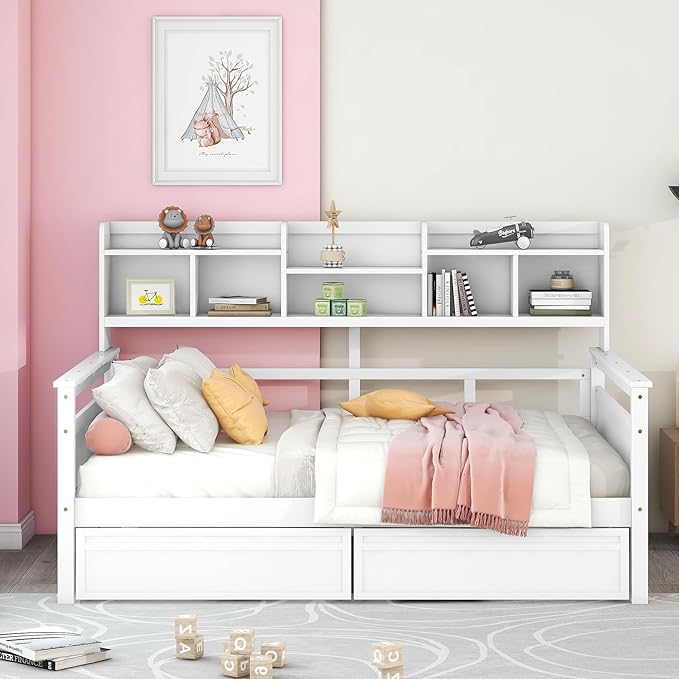 Harper & Bright Designs Full Daybed with Storage, Wooden Full Size Bed Frame with Bookcase Headboard and 2 Drawers, Full Sofa Bed with Shelves for Living Room Bedroom, No Box Spring Need, White