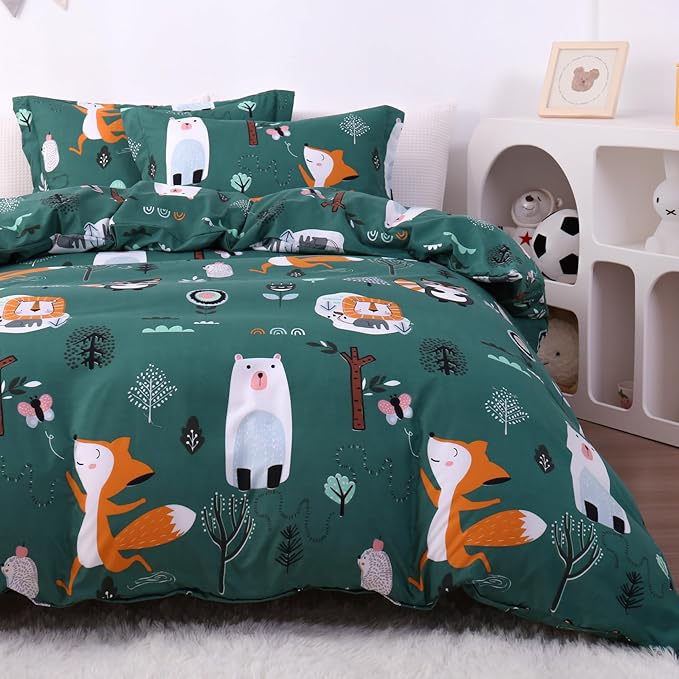 JSD Green Forest Animal Kids Duvet Cover Set Twin Size, 2 Piece Soft Printed Microfiber Comforter Cover with Pillow Sham Zipper Closure, Comforter Not Included