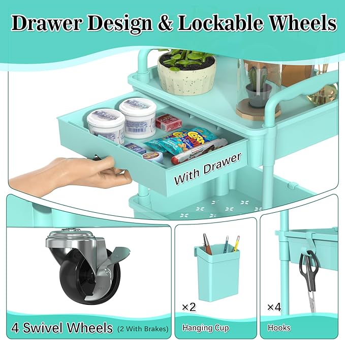 4 Tier Rolling Utility Cart with Drawer, Storage Organizer Cart with 2 Lockable Wheels, Multifunctional Rolling Storage Cart for Bathroom, Kitchen, Craft, Makeup, Baby Essentials, Blue