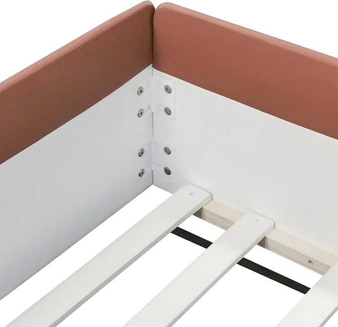 Full Size Upholstered Daybed Frame with Fence and Stairs, Montessori Kids Floor Bed with Sturdy Slat Support for Kids Boys Girls (Brown+Full)