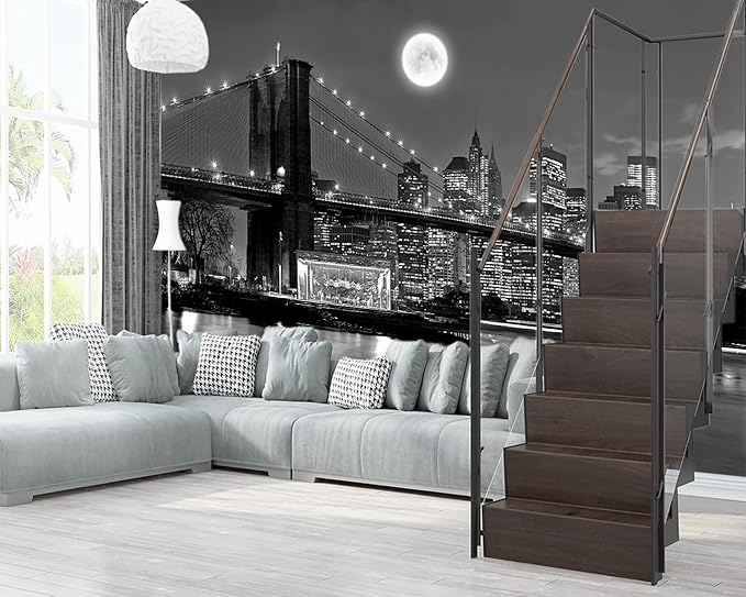 XMPMBM-Grey City Night View The Moon Nursery Room Fabric Wallpaper Living Room Bedroom Bathroom Wall Mural-W 88" X H 59"（36 Square Foot）