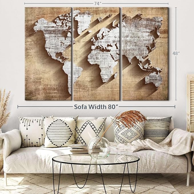 ElephantStock Dimensional World Map II Multi Piece Canvas - 3 Piece Canvas World Map Wall Decor - Wall Decor, Ready-to-Hang Print - Vintage Wall Art - 74" X 48"