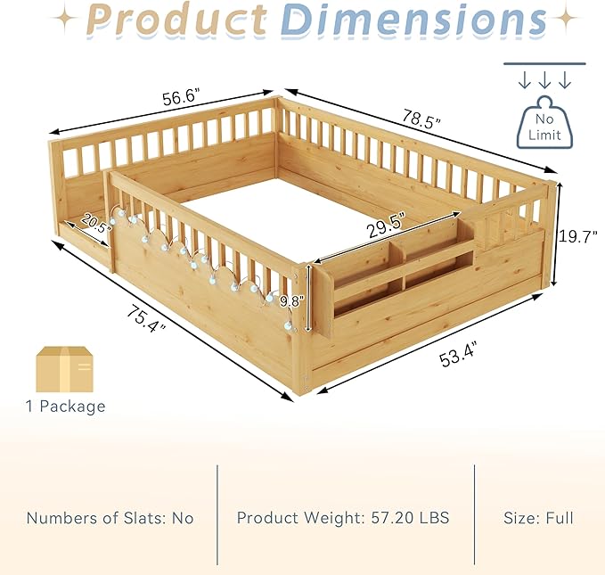 Full Toddler Floor Bed with High Rails, Wooden Montessori Bed Frame with Light and Storage Shelf, Full Size Bed Frame for Kids, Boys and Girls, Natural