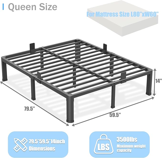 14 inch Queen Bed Frame with Round Corner Legs Mattress Slide Stopper,3500 lbs Heavy Duty Metal Platform,Steel Slats Support,No Box Spring Needed,Easy Assembly,Noise Free