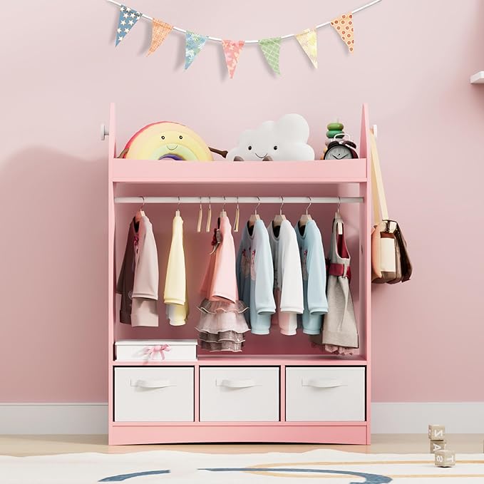 Kids Dress Up Storage Rack Mirror Wood Child Wardrobe 2 Hooks 2 Fabric Bins Toddler Closet Girls Boys Open Hanging Armoire Storage Shelf Coat Costume Hat Shoe (Pink/Rocket/Three Drawers)