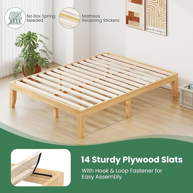 KOMFOTT 14 Inches Wood Platform Bed Frame Queen Size, Wooden Mattress Foundation with Rubber Wood Frame, Strong Wooden Slats Support, No Box Spring Needed, Bed Frame (Natural)