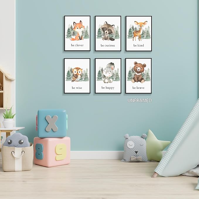 gooptyinh Woodland Nursery Animal Canvas Wall Art, 6 Piece Inspirational Forest Animals Print Posters, Motivational Quotes Cute Bear Fox Rabbit Deer Raccoon Owl Decor for Baby Bedroom 12x16in Unframed