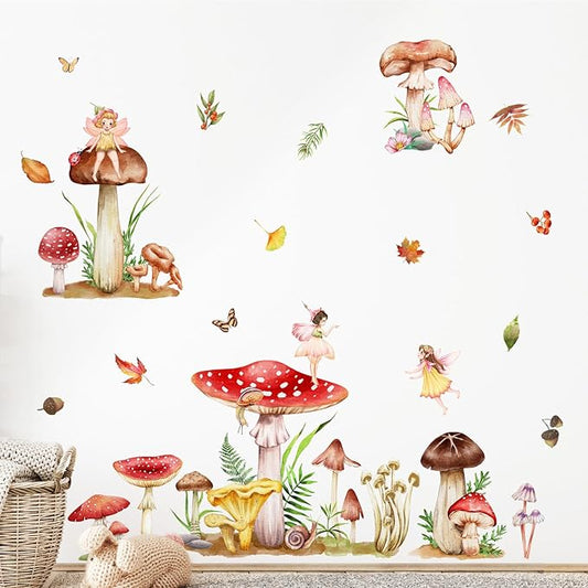 Supzone Woodland Mushroom Wall Decals Elf Flower Fairy Wall Stickers Peel and Stick Vinyl Wall Art Decals for Girls Bedroom Living Room Baby Nursery Wall Decor