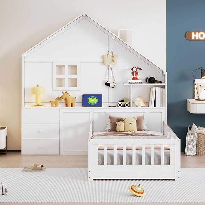 Twin Size Kids Floor Bed with Safety Fence, Solid Wood Montessori Platform Bed with House Shape Headboard with Bedside Drawers, Shelves, Sockets and USB Port for Kids Boys Girls (White-LT1)