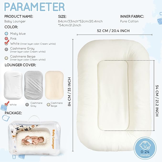 Baby Lounger & Snuggle Nest for Newborn 0-24 Months, Baby Nest Supervised Breathable Cotton for Newborn, Newborn Essentials Gifts, Breathable Portable Infant Lounnger for Travel and Home(White）